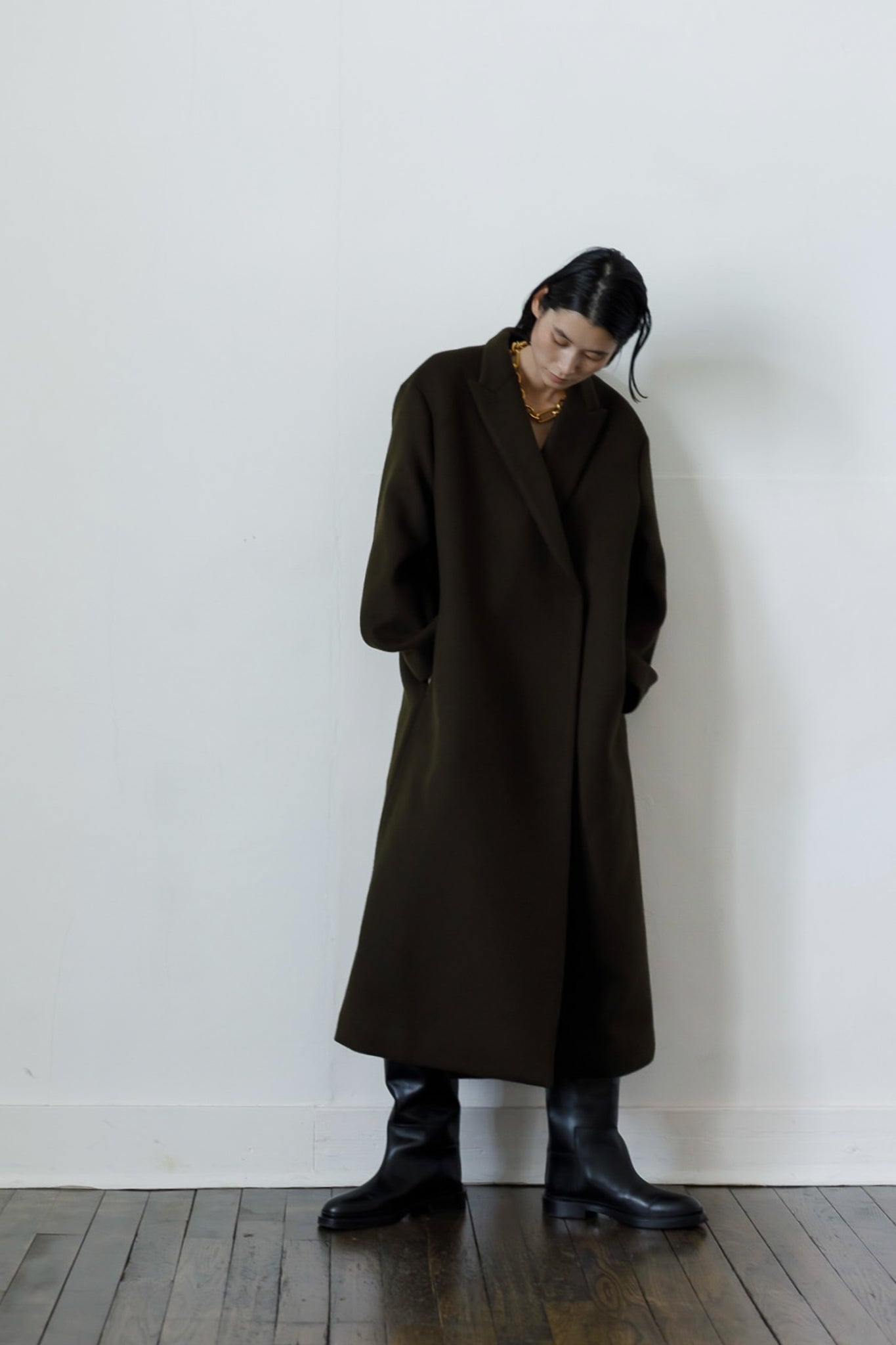 Peaked lapel long coat (-forest green-)