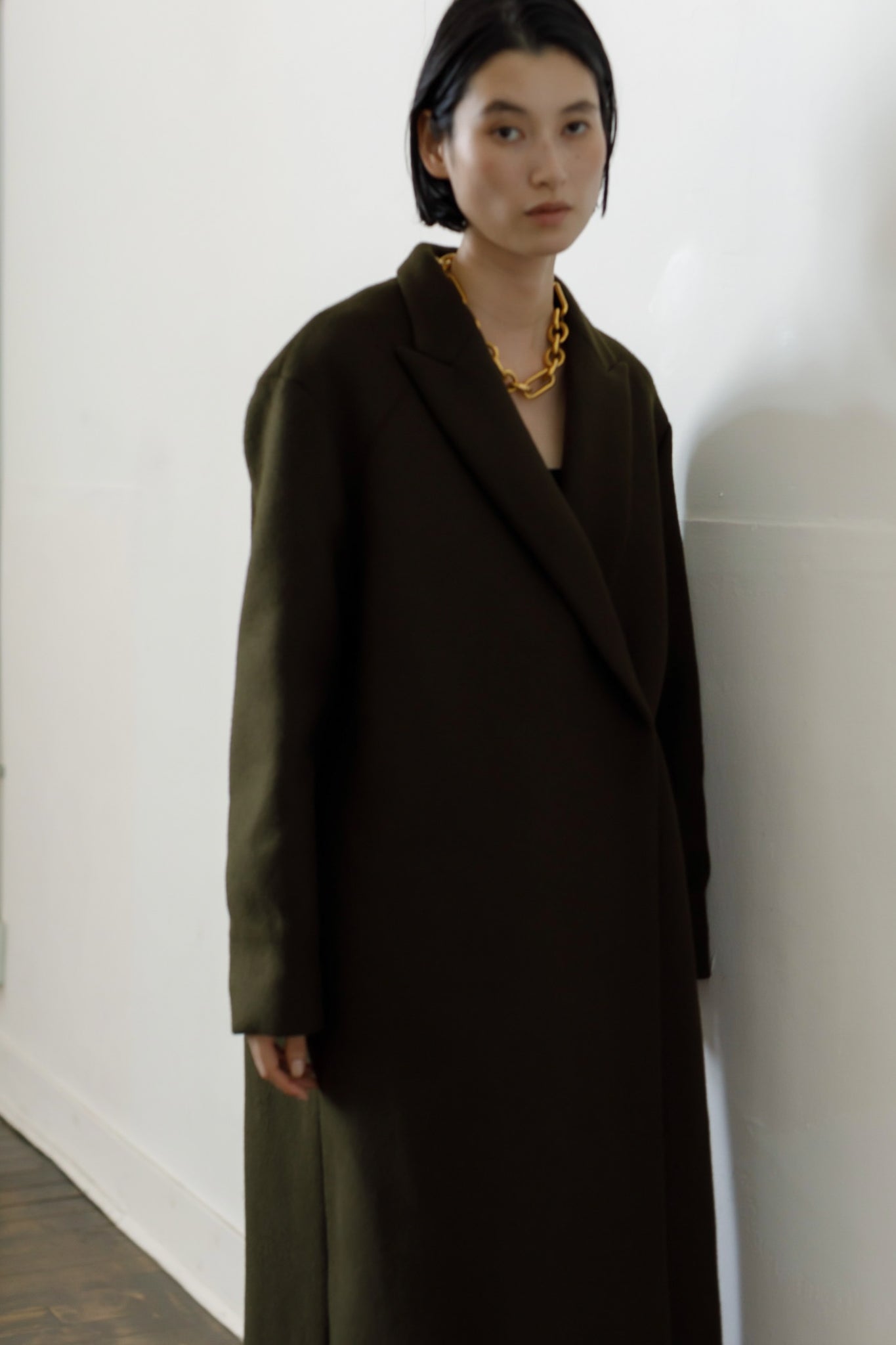 Peaked lapel long coat (-forest green-)