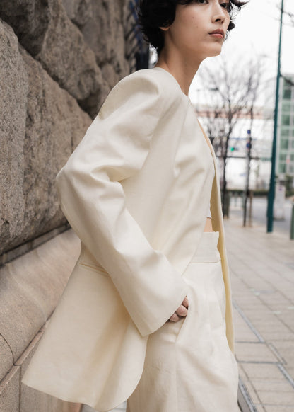 【PRE ORDER】Collarless Linen Jacket (Chalk)