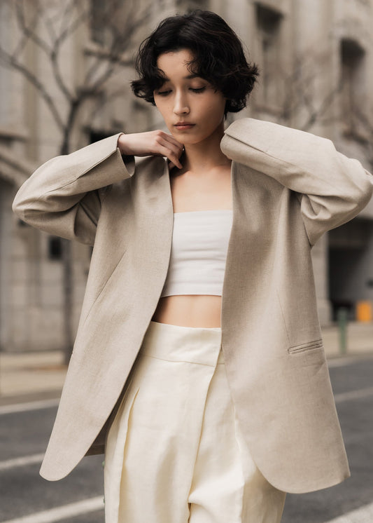 【PRE ORDER】Linen Collarless Jacket(Raw sand)