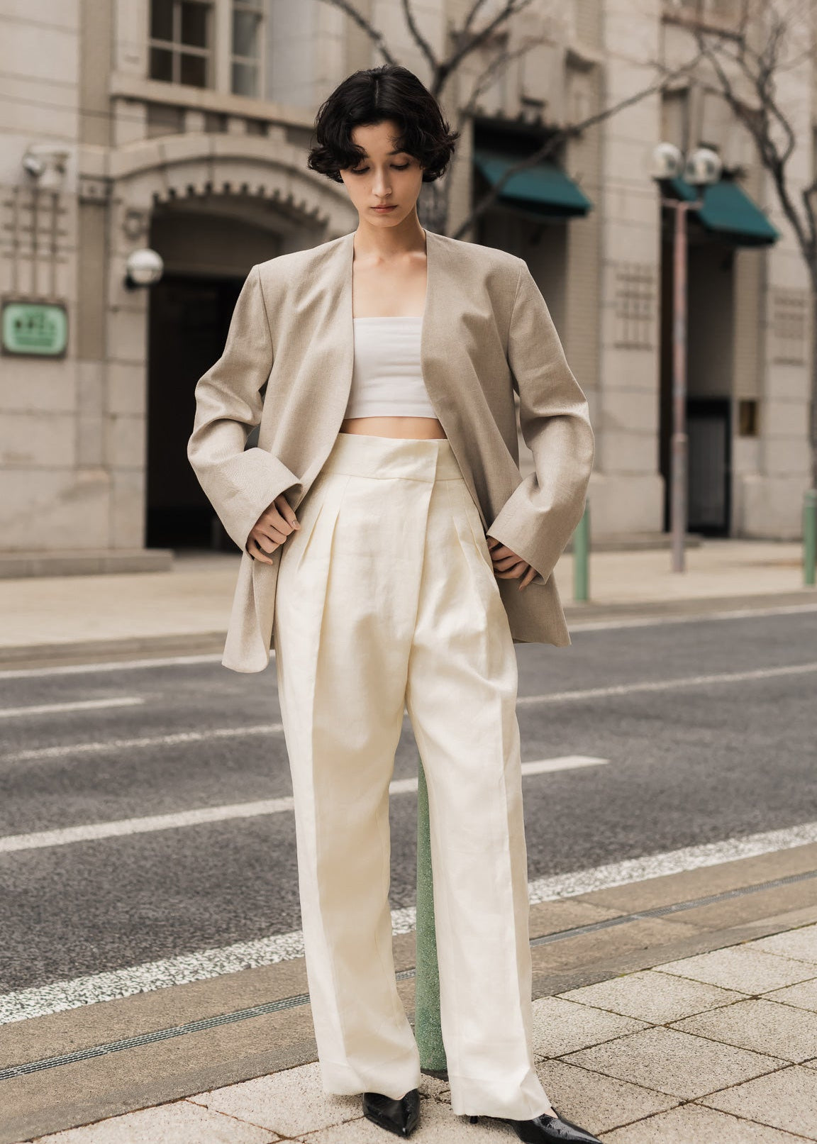 【PRE ORDER】Linen Collarless Jacket(Raw sand)