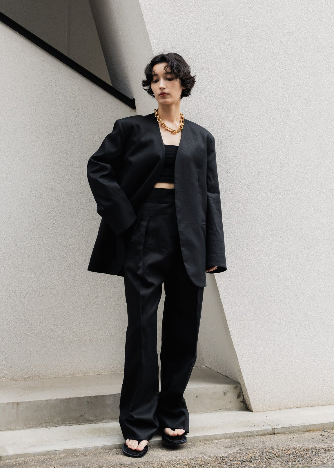 【PRE ORDER】Collarless Linen Jacket (Ink Black)