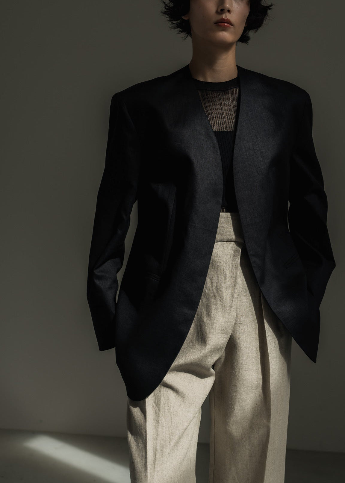 【PRE ORDER】Collarless Linen Jacket (Ink Black)