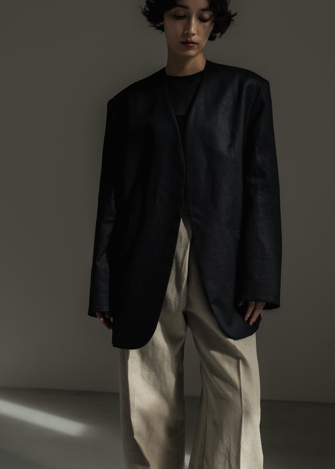 【PRE ORDER】Collarless Linen Jacket (Ink Black)