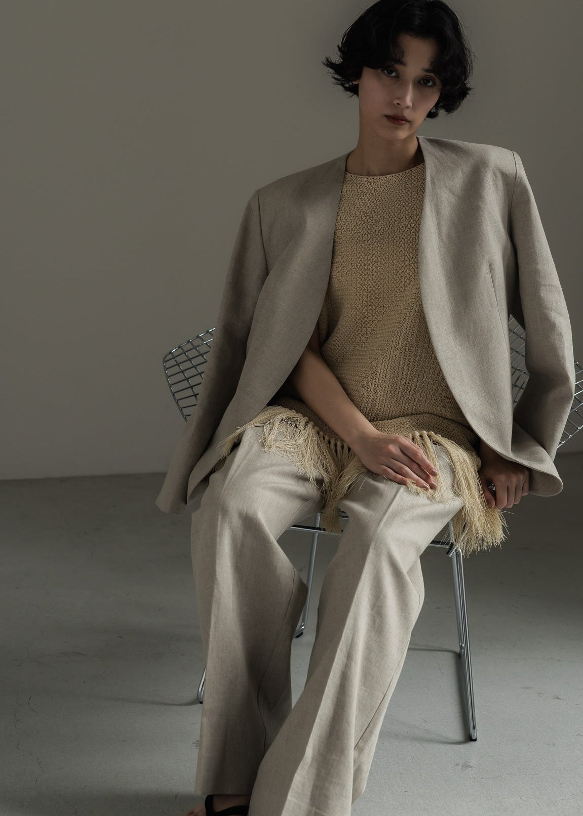 【PRE ORDER】Linen Collarless Jacket(Raw sand)