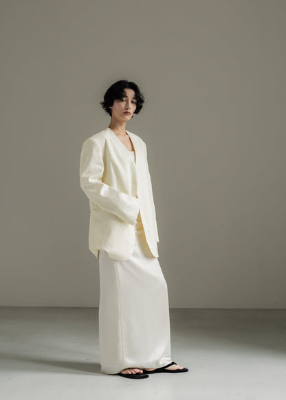 【PRE ORDER】Collarless Linen Jacket (Chalk)