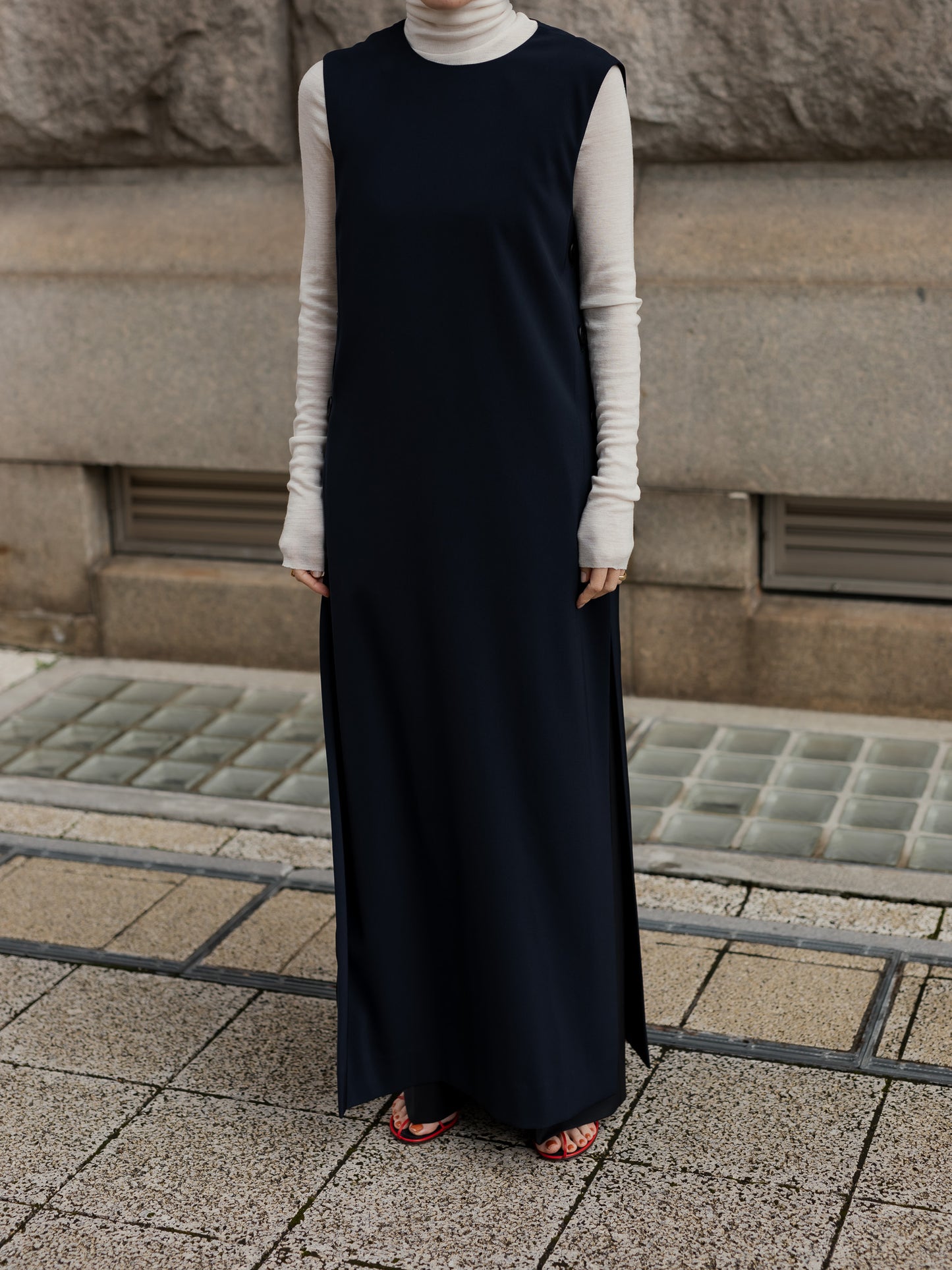 Long slit dress -dark navy-